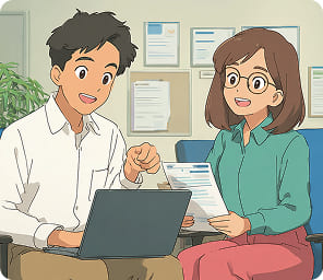 眼鏡をかけた女性が書類を手に持ち、隣の男性がパソコンを見ながら話をしているビジネス風のイラスト。